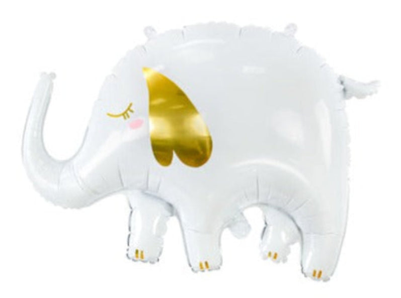 White elephant-shaped balloon with a gold trunk on a white background