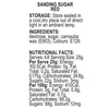 A text label on a white background with the heading 'SANDING SUGAR RED' and product details including storage, ingredients, and nutritional facts.