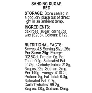 A text label on a white background with the heading 'SANDING SUGAR RED' and product details including storage, ingredients, and nutritional facts.
