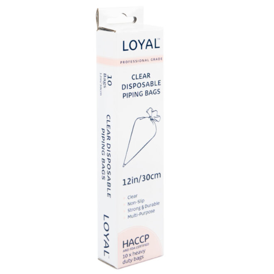 Box of Loyal clear disposable piping bags on a white background